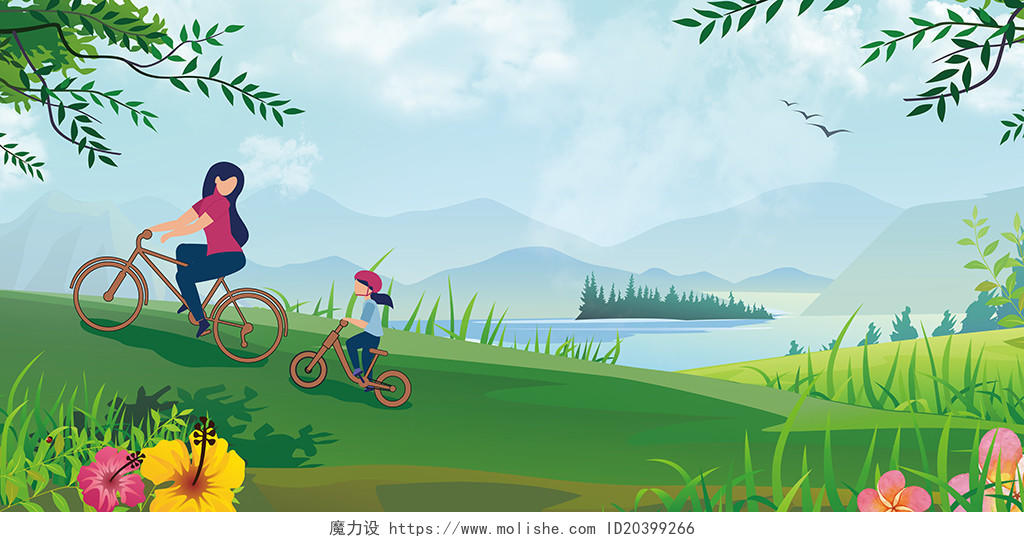 绿色插画自然春天春季郊游踏青单车自行车背景素材